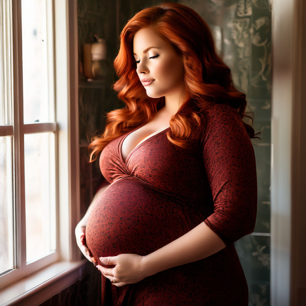 small chubby pregnant young woman very red hair