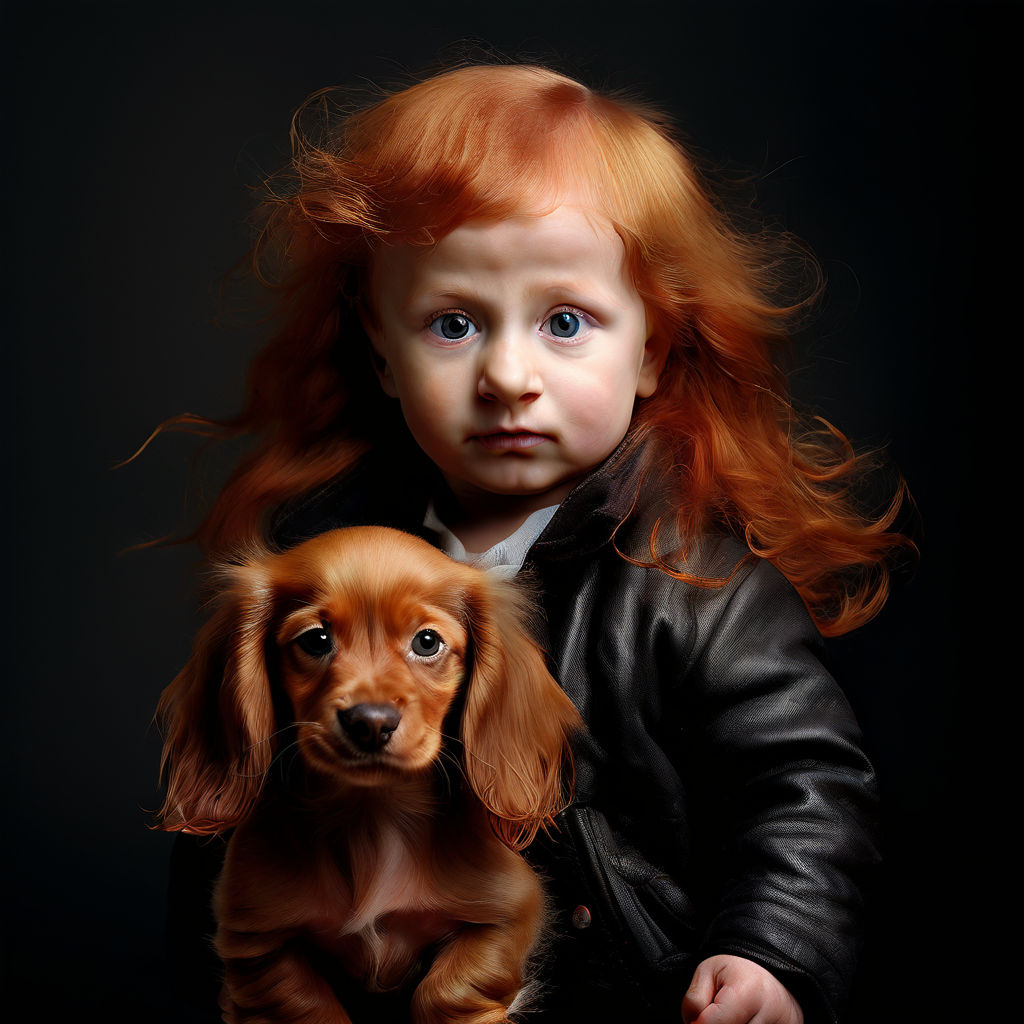 Create an image of a baby vladimir putin with long red hair ... by ...