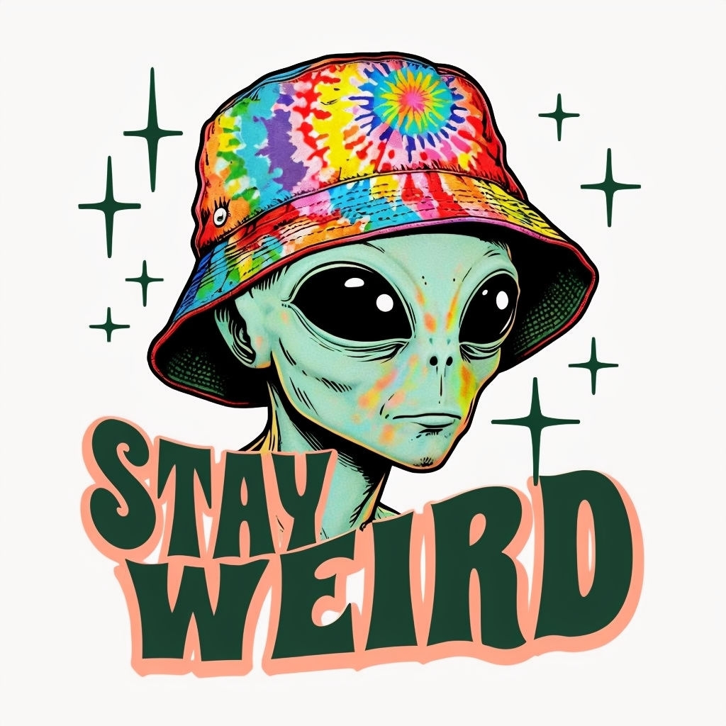 Playful Mint Green Alien with Tie-Dye Hat Stay Weird T-Shirt