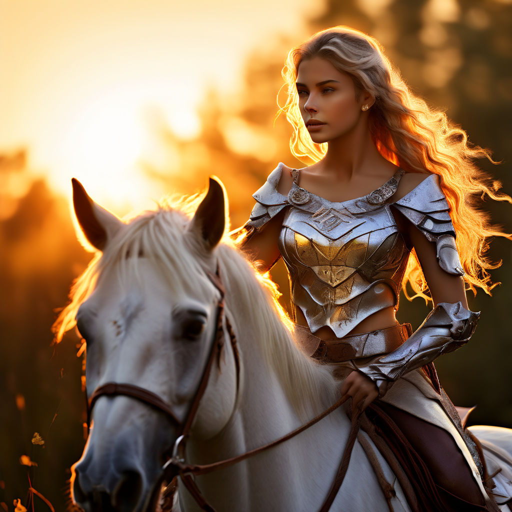 An 18 -year -old young woman in knight armor in saddle on a white horse