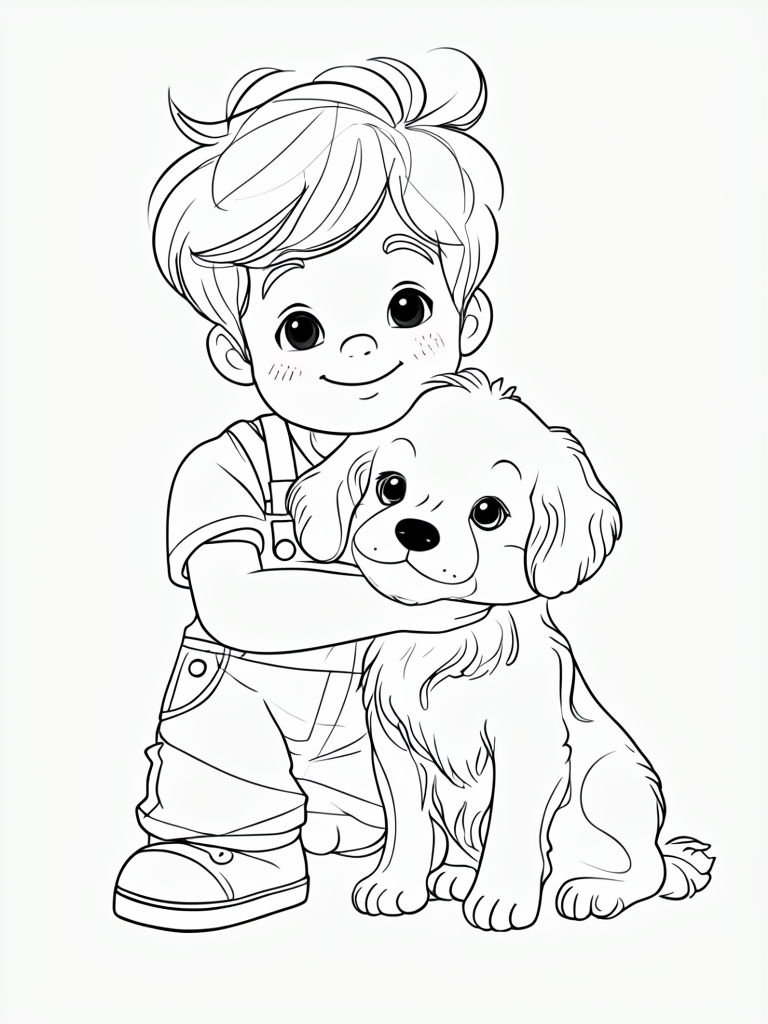 Young Boy Hugging Puppy Line Art Illustration for Coloring Book Pages
