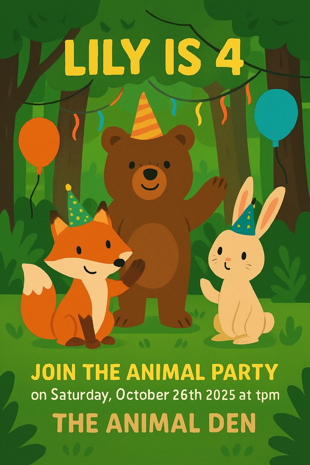 Child's Birthday Animal Party Invitation Poster Design