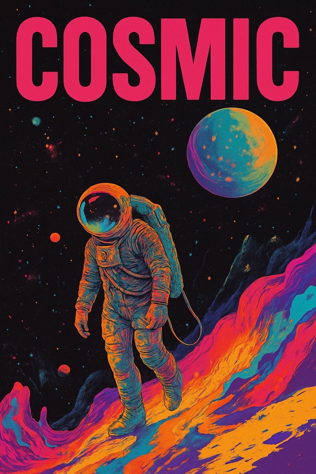 Vibrant Astronaut on Colorful Alien Landscape Digital Artwork Poster
