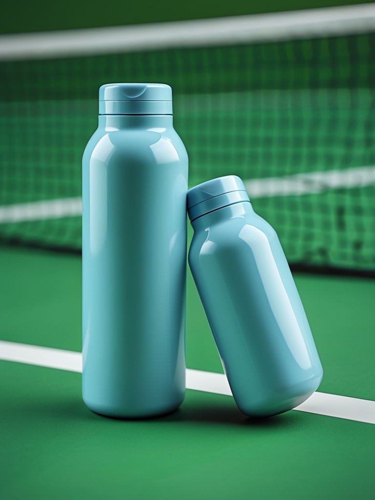 Minimalistic Light Blue Bottles on Green Tennis Court Background Mockup