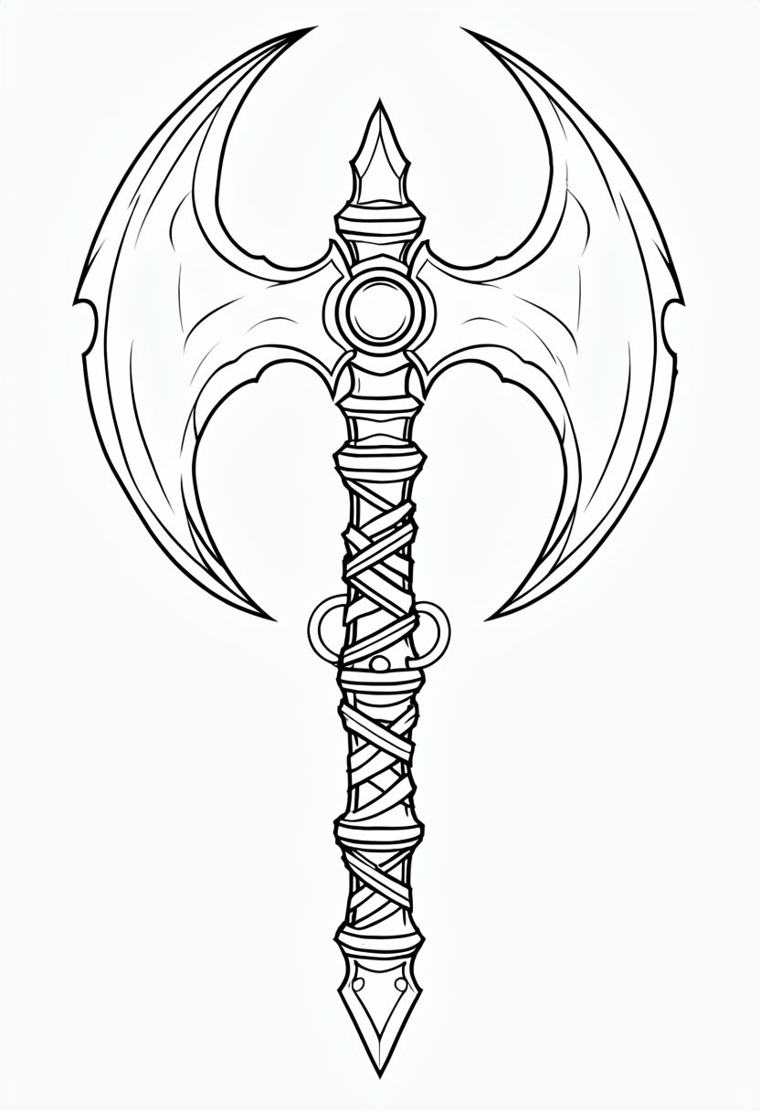 Ornate Double-Bladed Axe High-Contrast Coloring Page Design Coloring Book Pages