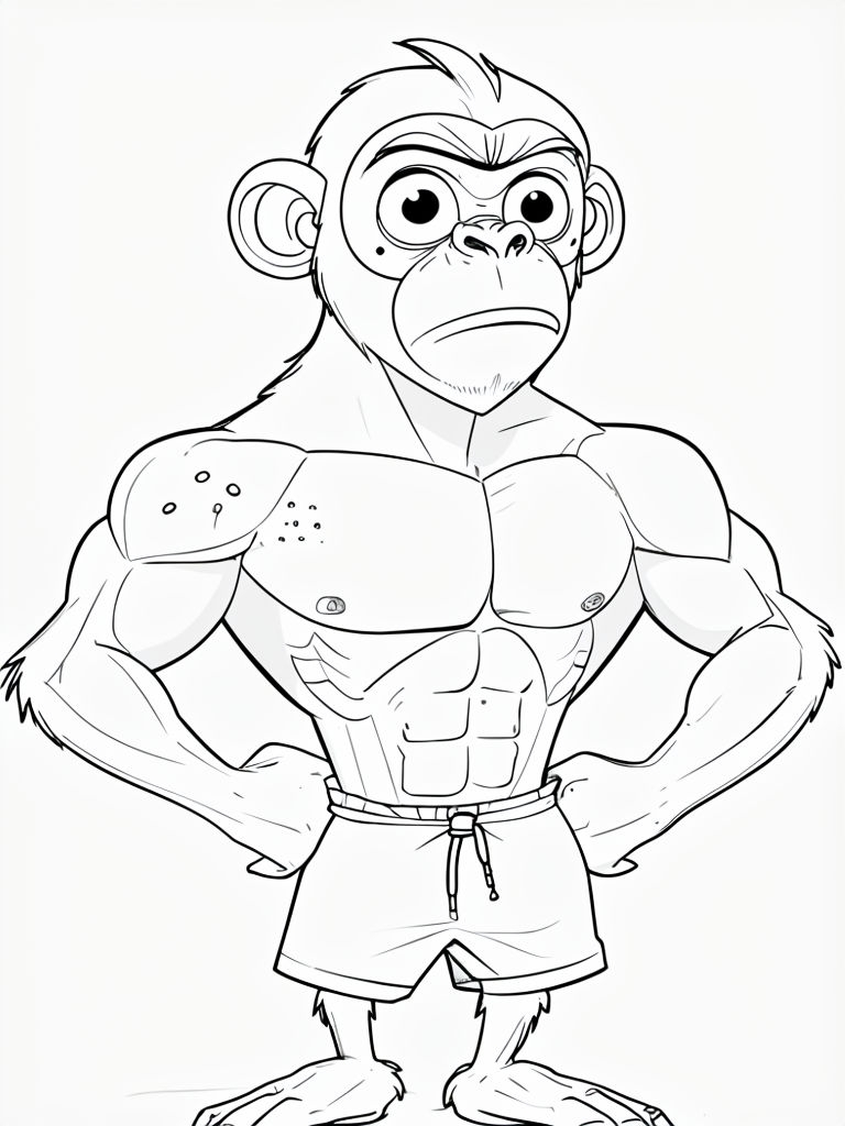 Muscular Cartoon Monkey Character Black and White Drawing Coloring Book Pages