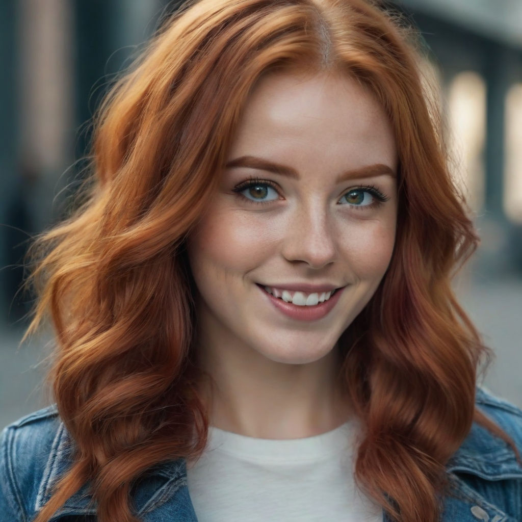 Super cute happy redhead short messy hair curly woman