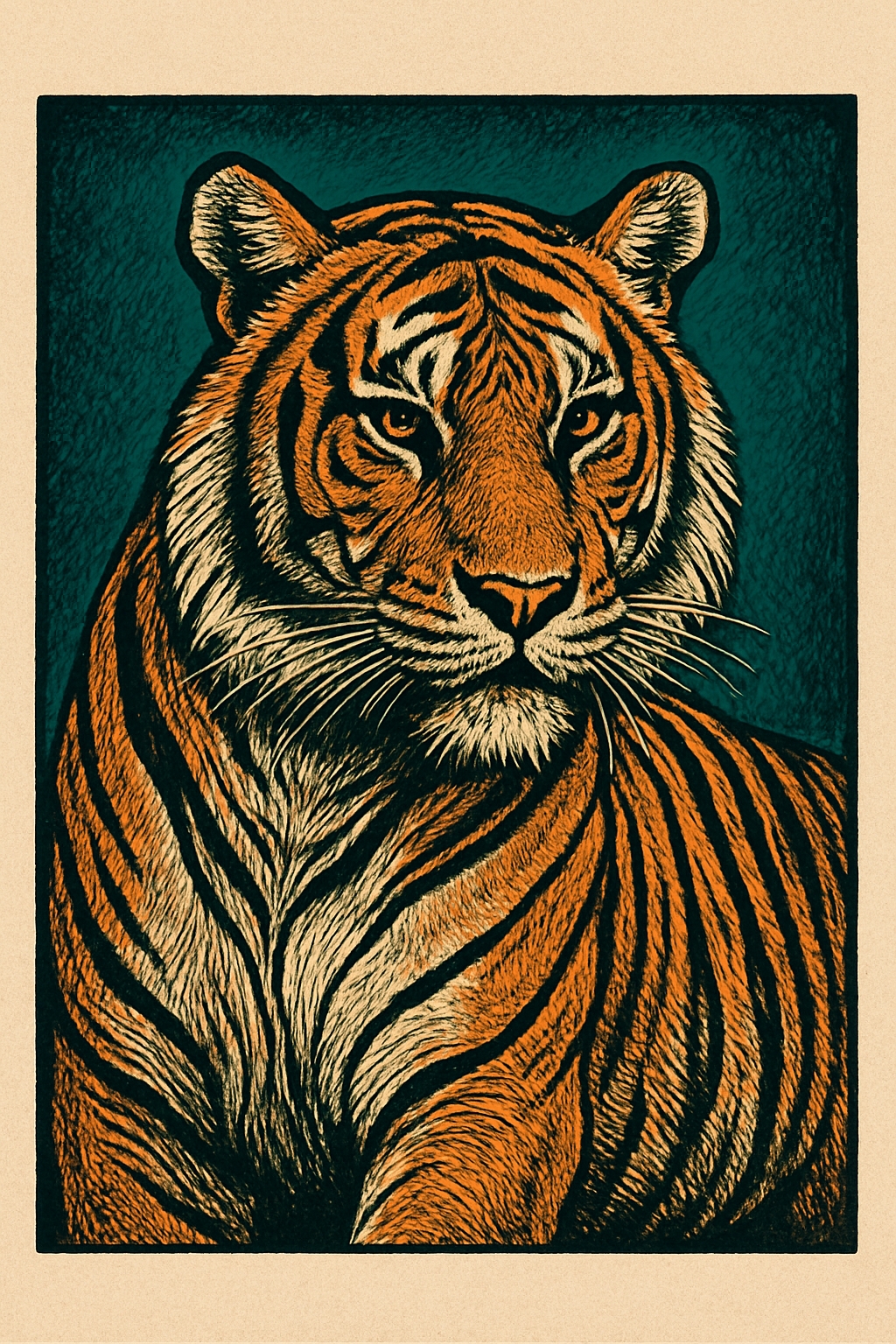 Intricate Vintage-Style Tiger Illustration on Teal Background Art