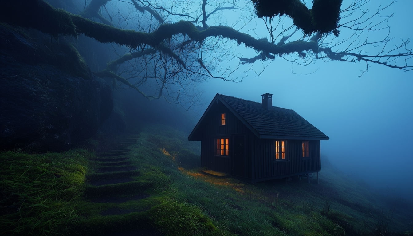 Mysterious Wooden Cabin in Misty Hillside Landscape Background