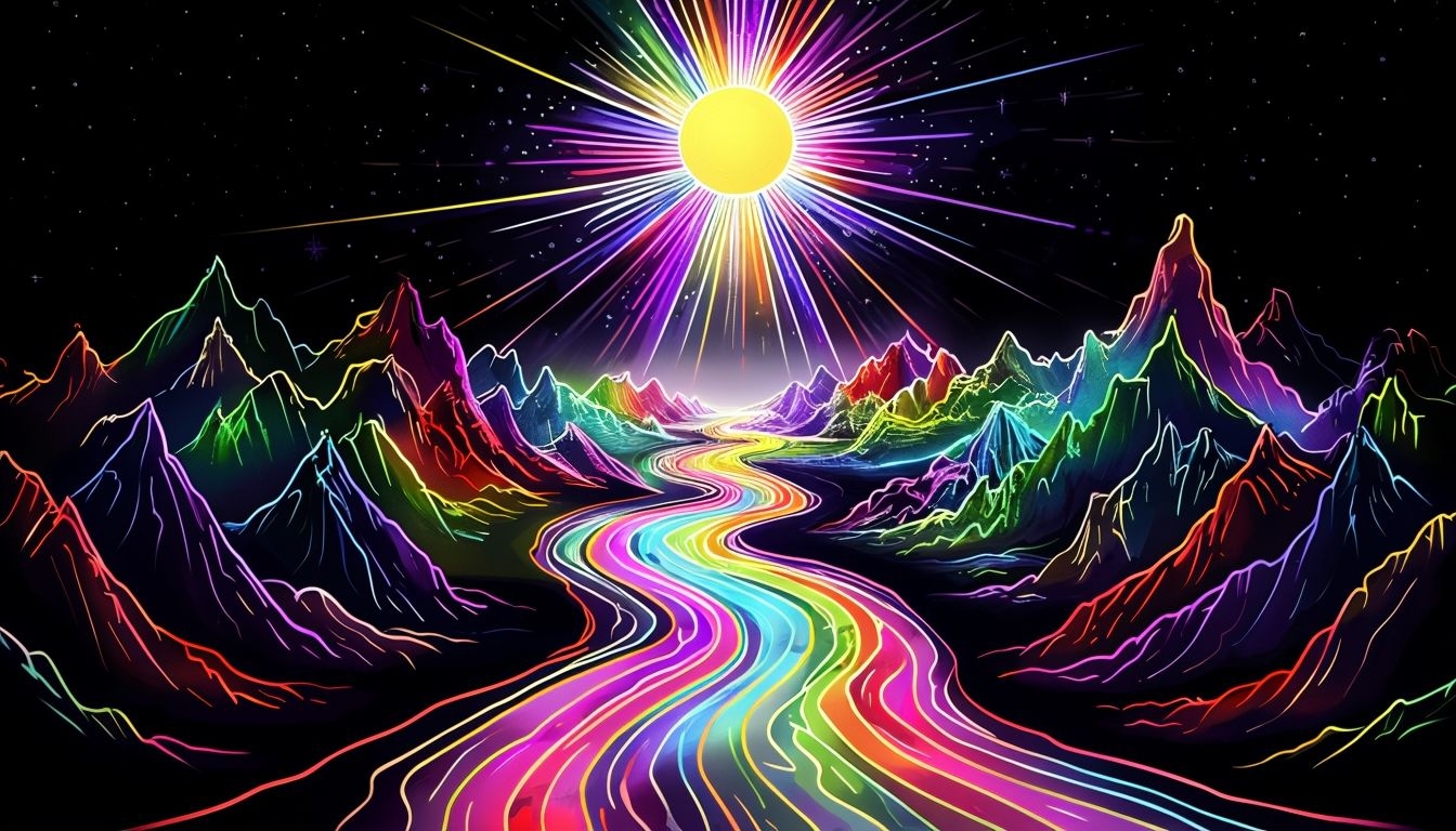 Psychedelic Neon Landscape with Vibrant Colors and Sun Artwork Virtual Backgrounds