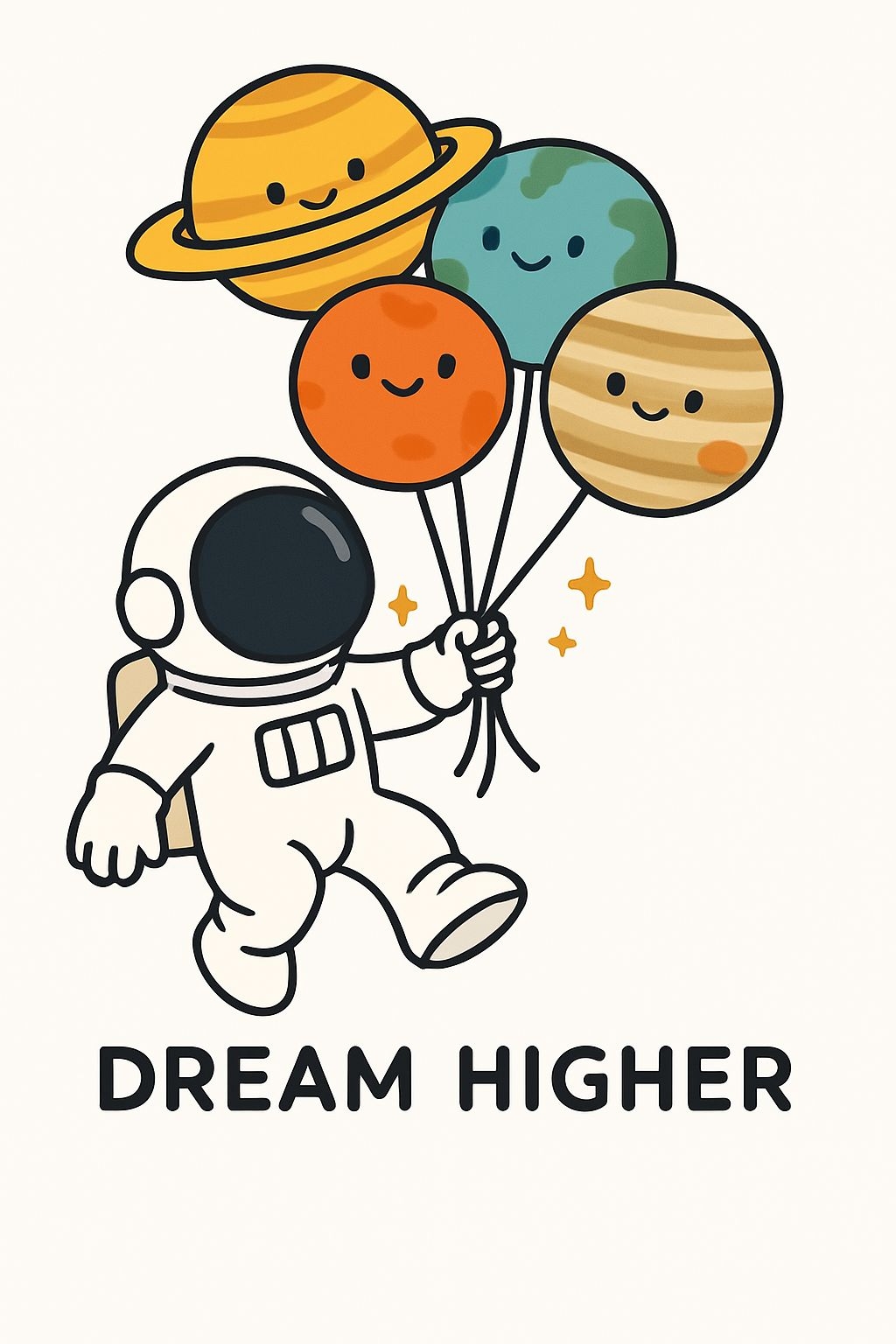 Astronaut Floating with Balloon Planets