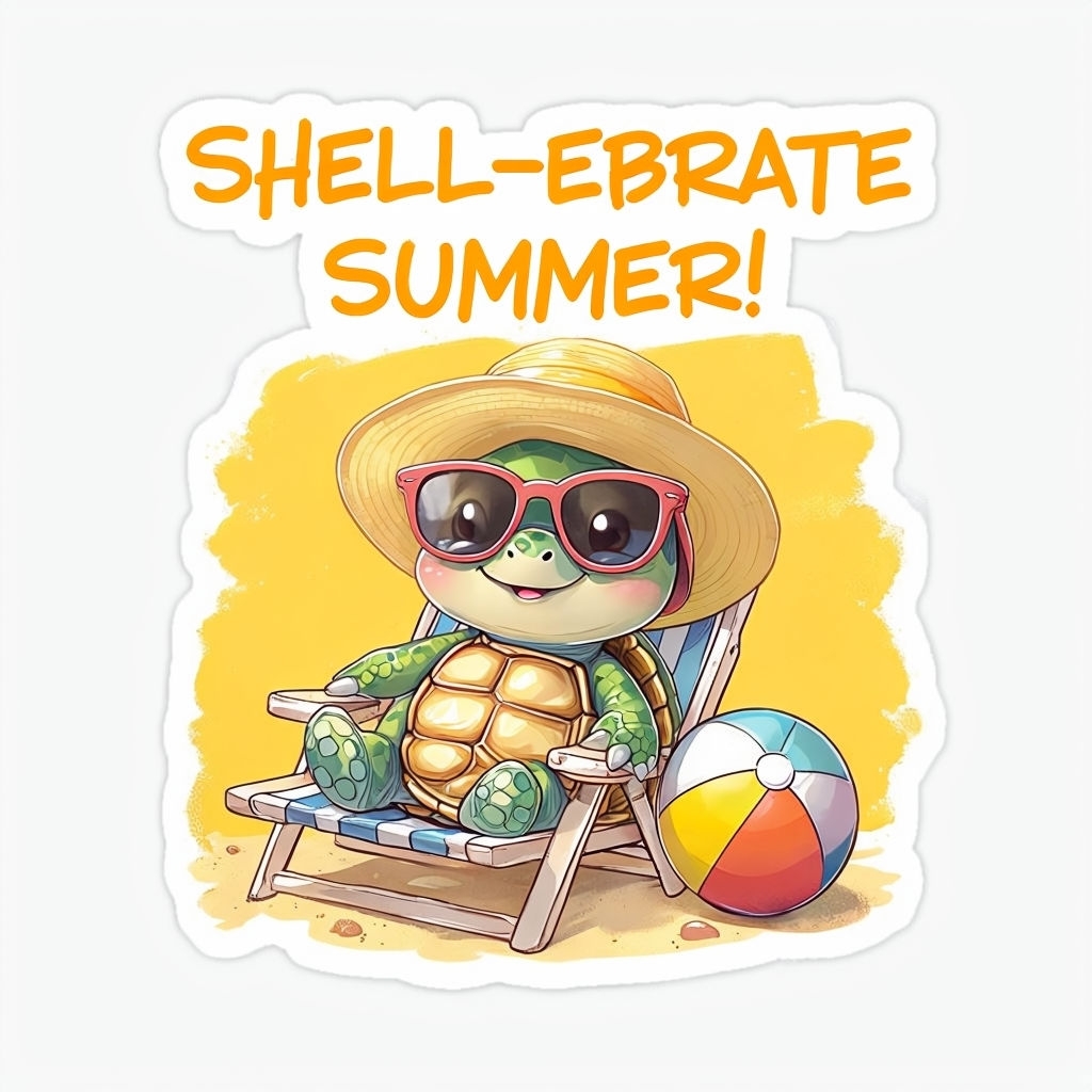 Cute Turtle Sun Hat Beach Chair Summer Celebration Sticker