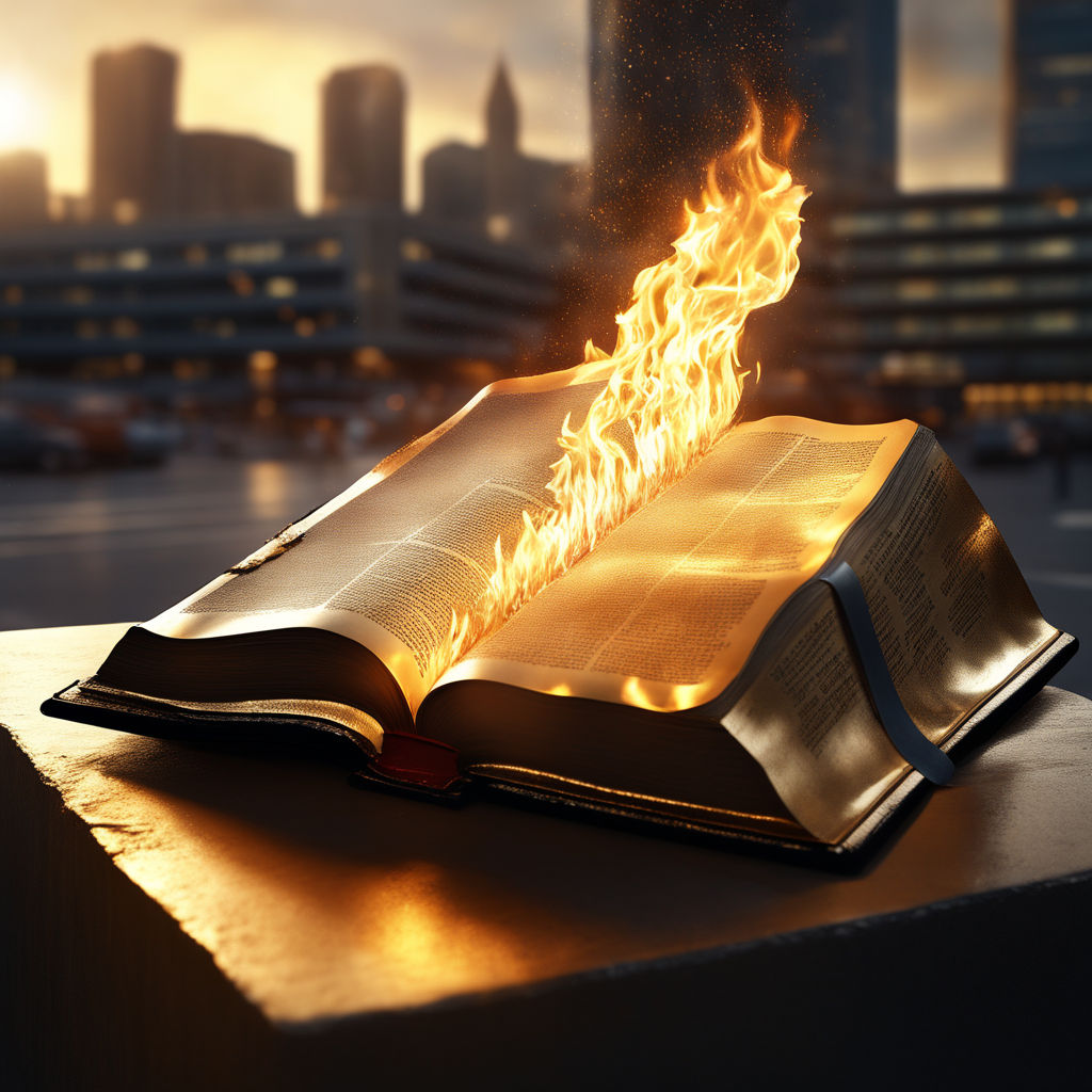 21- An open Bible on fire in a beautiful modern city.(HIGH R... by ...