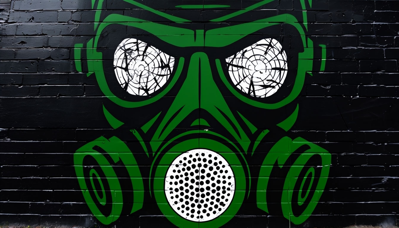 Stylized Green Gas Mask Mural on Black Brick Wall Background