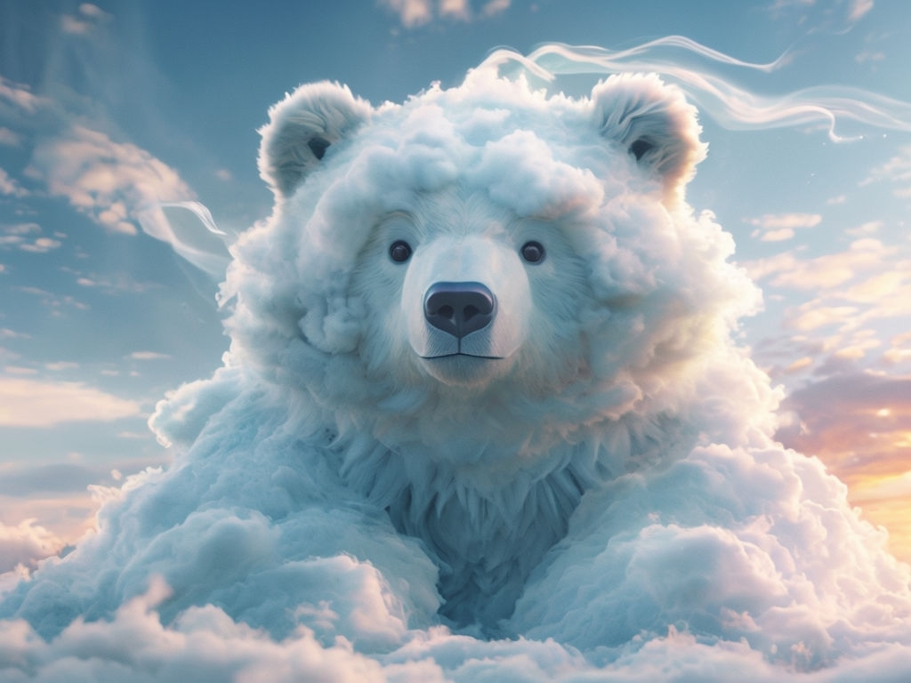 Fluffy Cloud-Bear Creature in Dreamy Sky Landscape Art