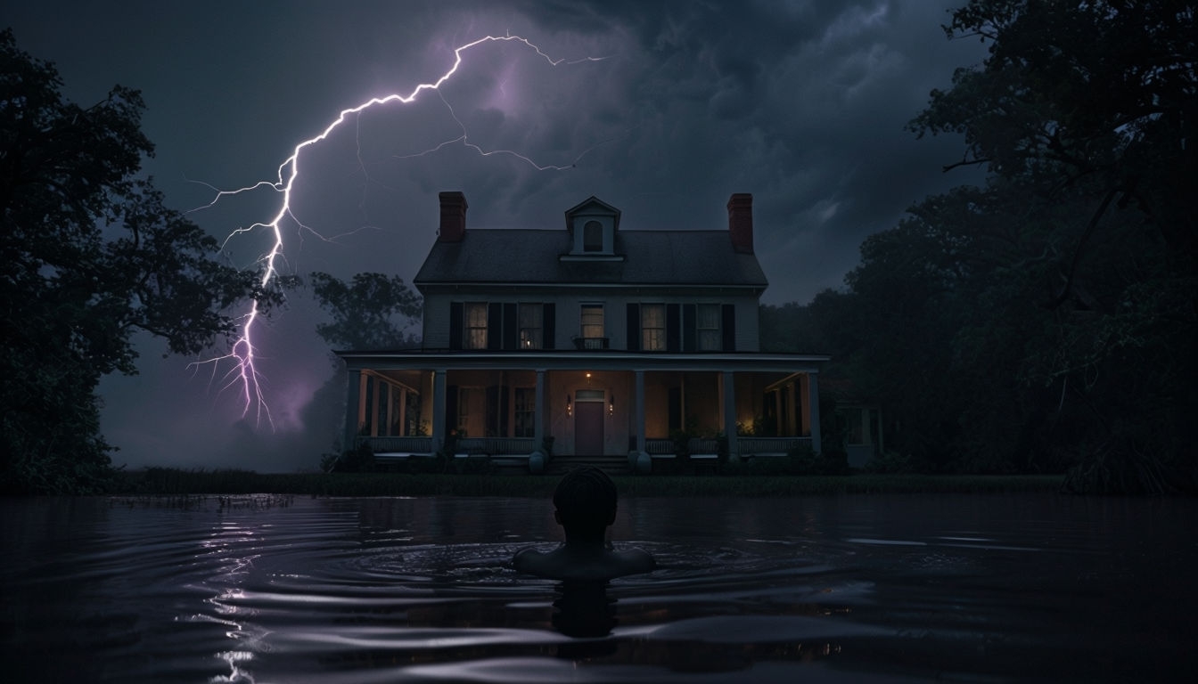Ominous Plantation House at Dusk with Lightning Backgrounds