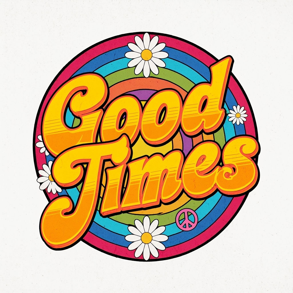 Vibrant Retro Good Times Phrase with Daisies and Rainbow Background Sticker