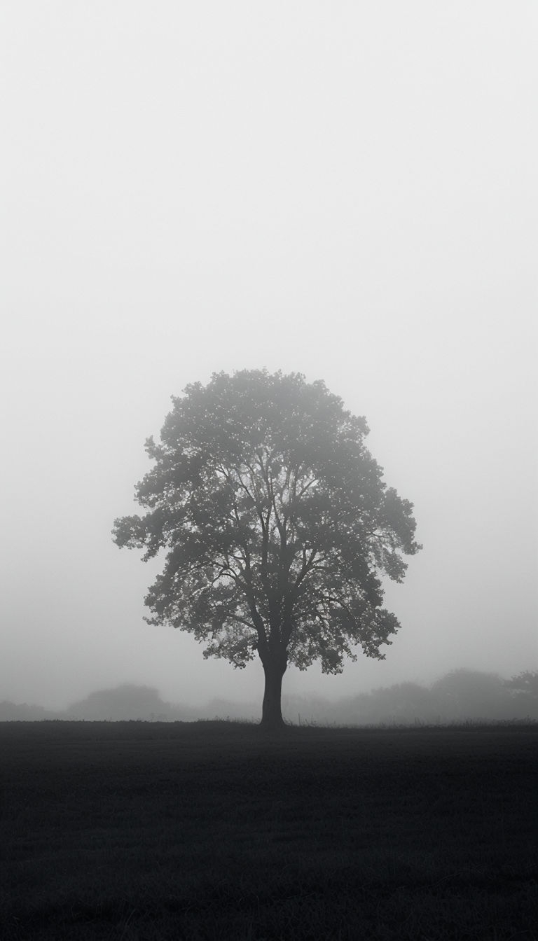 Solitary Tree in Foggy Landscape Minimalist Photography Mobile Wallpaper