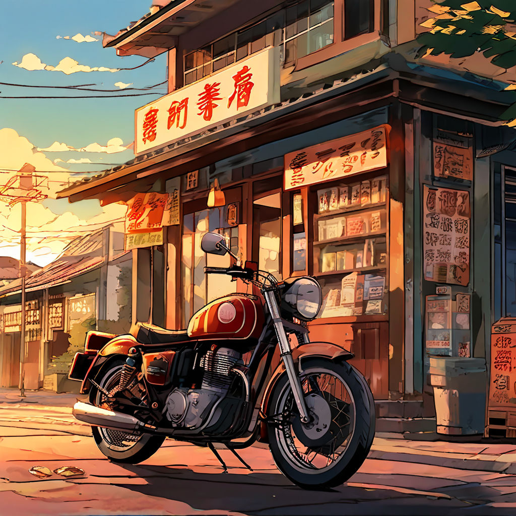 a retro motorcycle. in the style of Studio Ghibli.