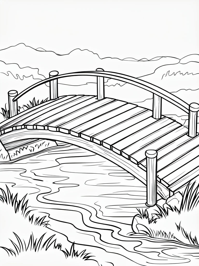Serene Black and White Arched Wooden Bridge Illustration Coloring Book Pages