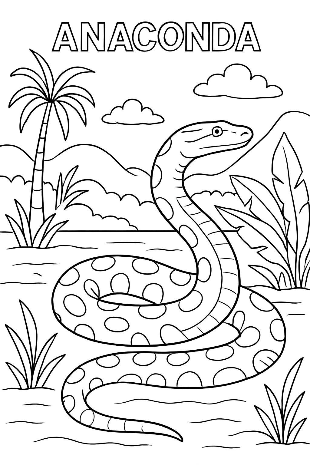 black-and-white line art illustration of anaconda