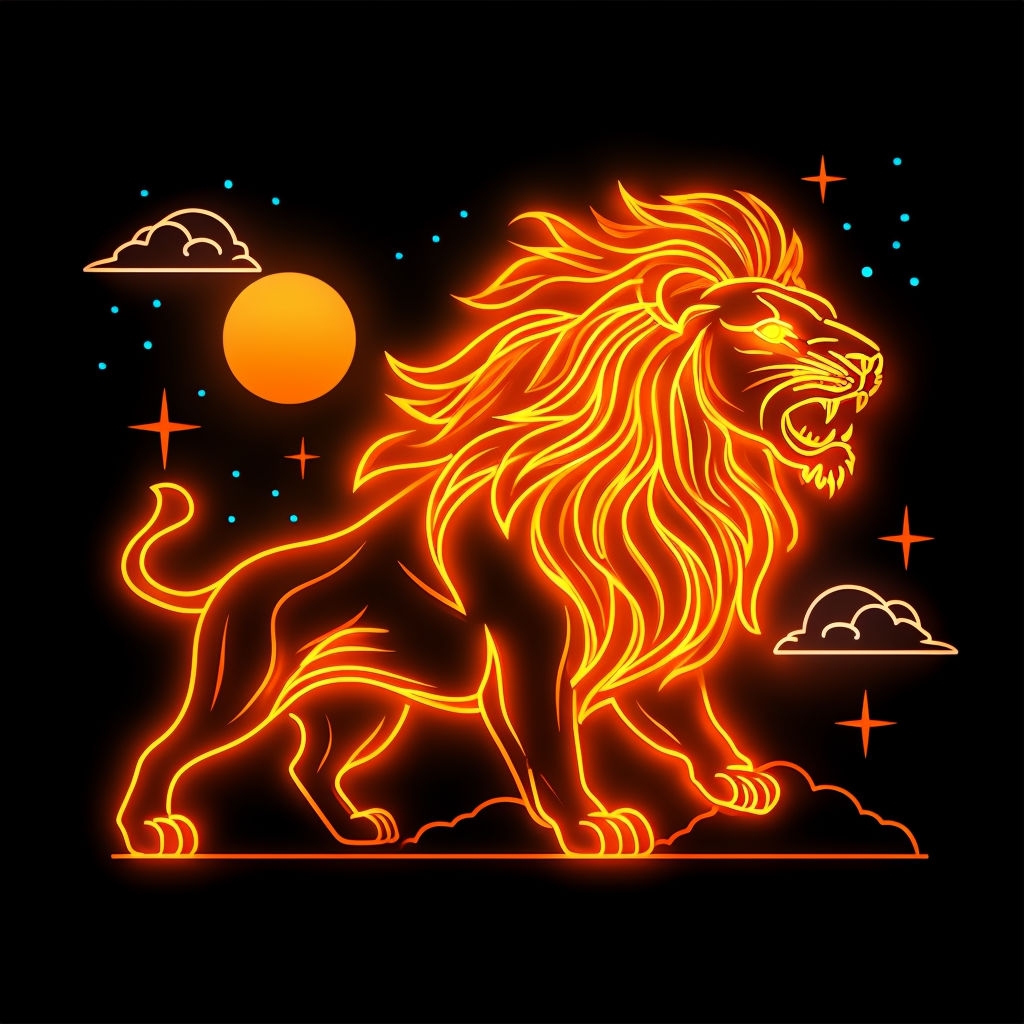 Vibrant Neon Lion Roaring in Cosmic Night Sky T-Shirt