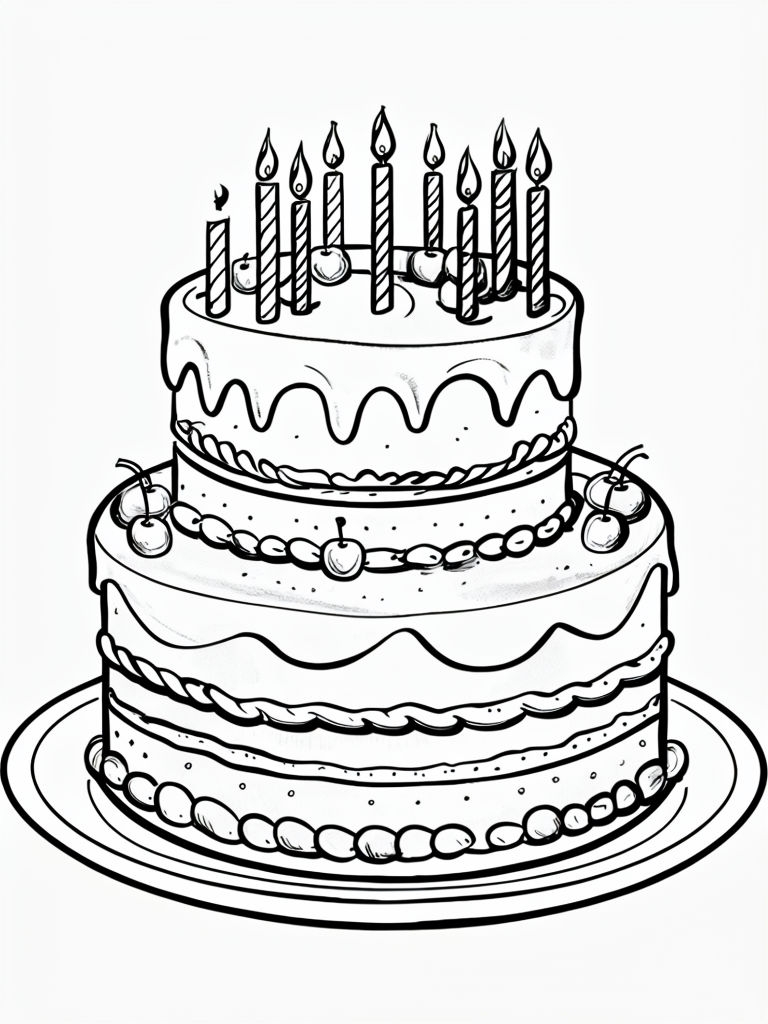 Elegant Two-Tiered Birthday Cake Line Drawing for Coloring Book Pages