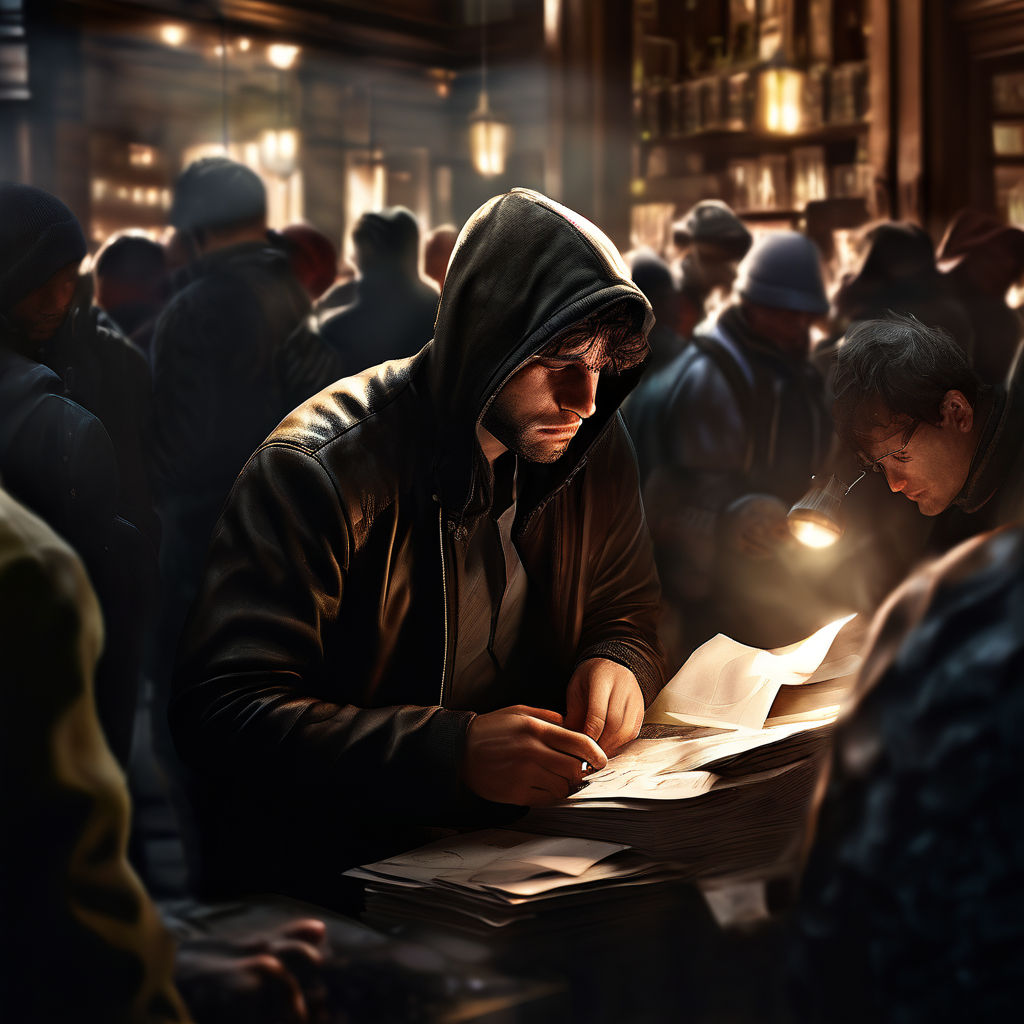 Highresolution digital painting of a thief blending in with... by