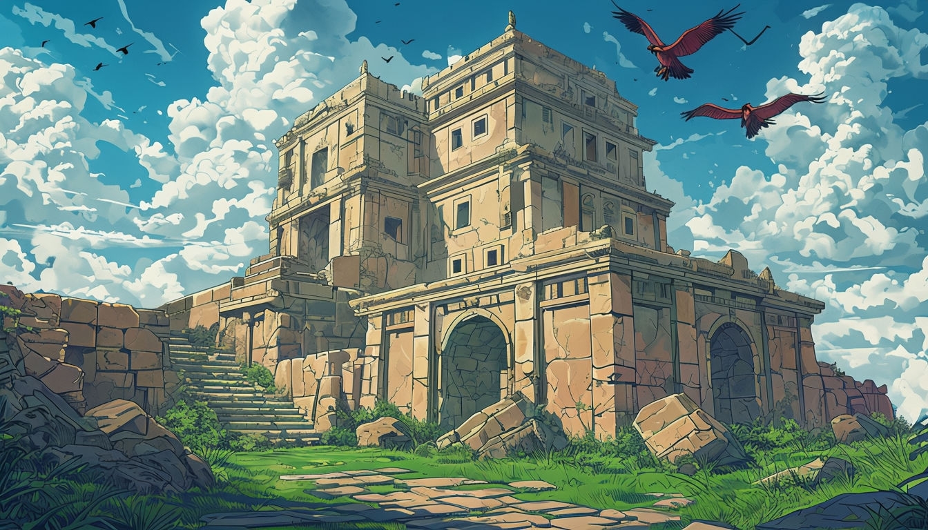 Ancient Ruins in Sunlit Comic Style Digital Artwork for Virtual Backgrounds