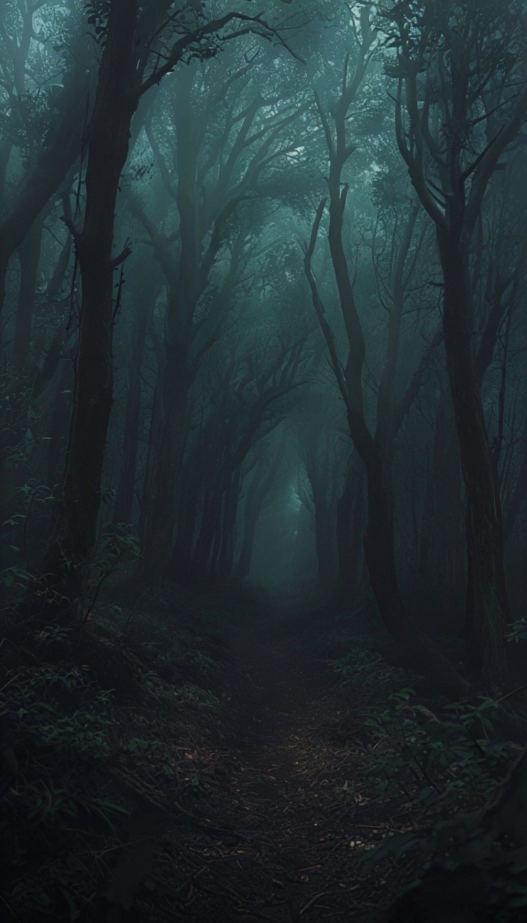 Mysterious Forest Path with Moonlight and Fog Mobile Wallpaper