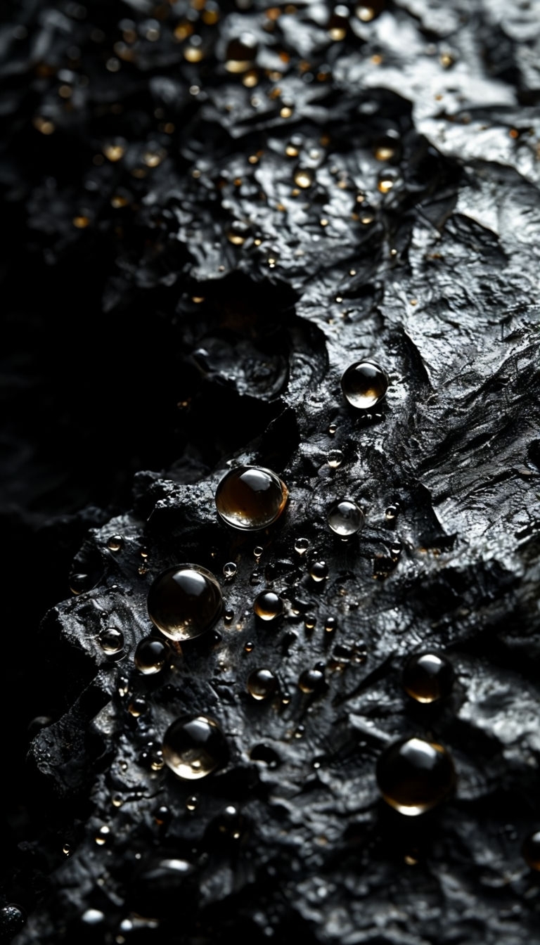 Glossy Droplets on Dark Rocky Surface Macro Photography Mobile Wallpaper