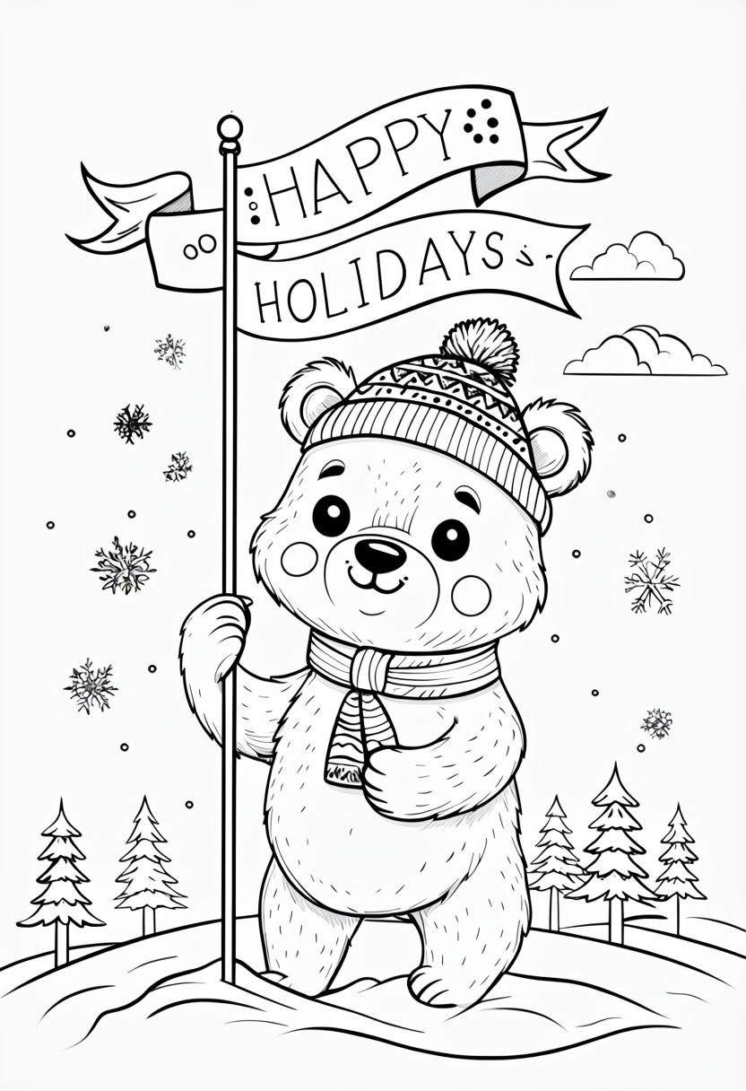 Playful Winter Bear with Happy Holiday Flag Coloring Page