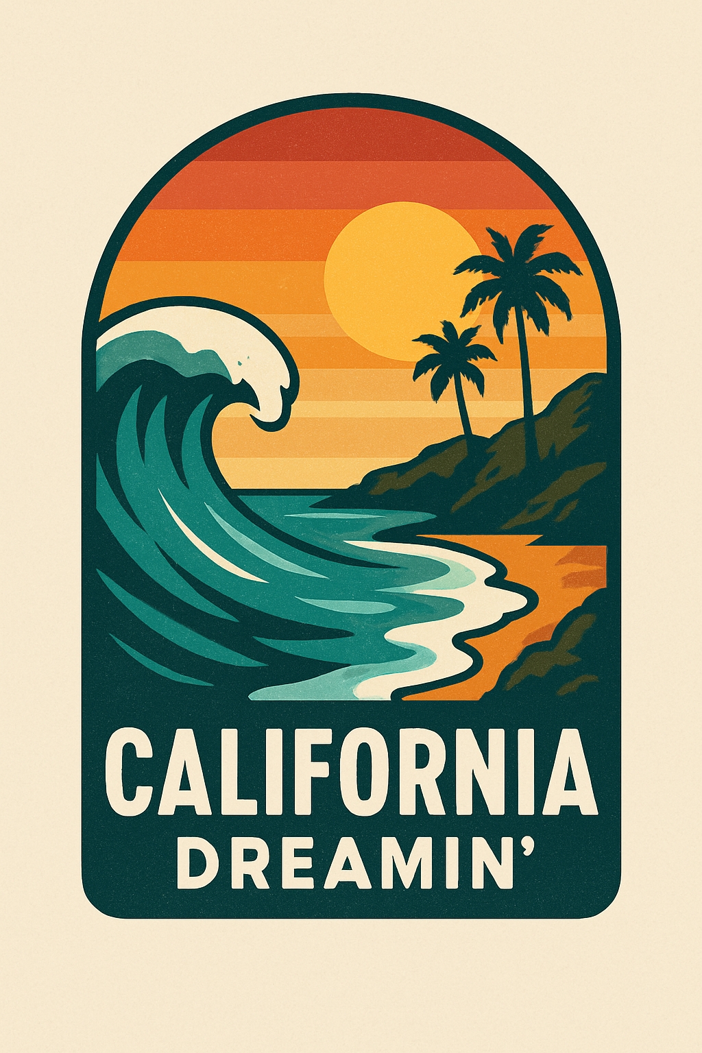 Vintage California Beach Sunset Travel Poster with Palm Trees