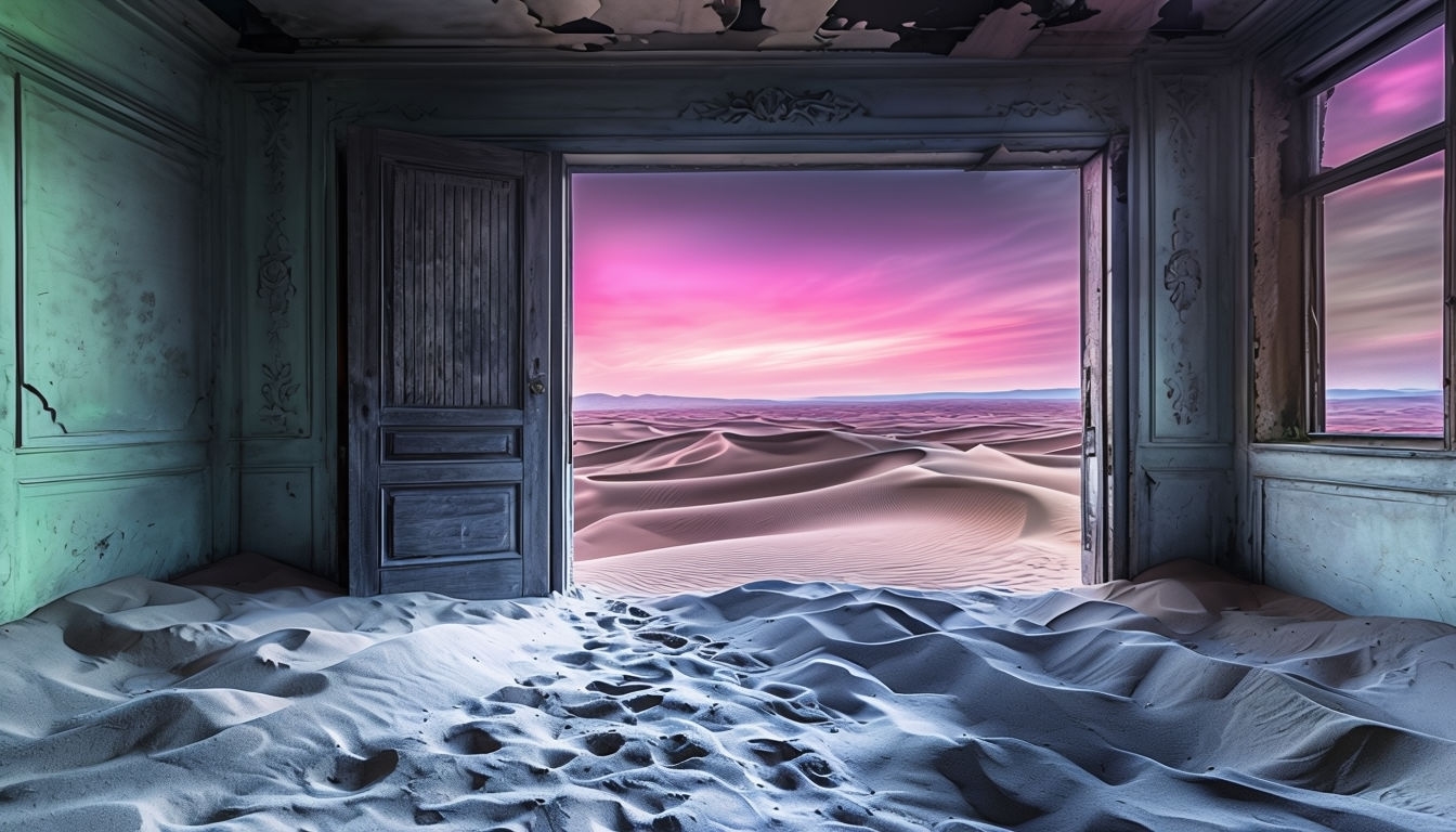Surreal Desert Landscape Through an Abandoned Room Doorway Virtual Backgrounds