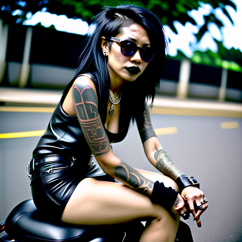 goth punk girl with tattoos and piercings smoking a cigarette while dressed  in leather