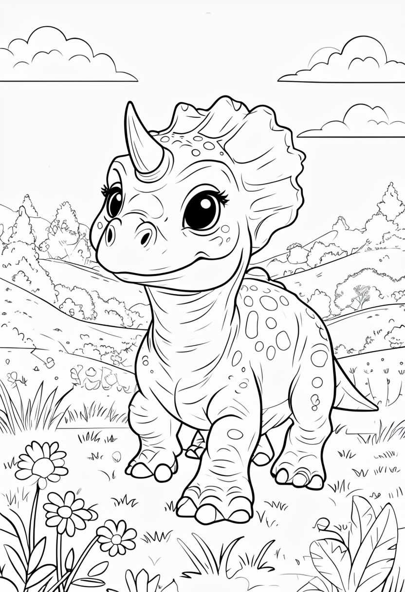 Cute Baby Triceratops Cartoon Coloring Book Page