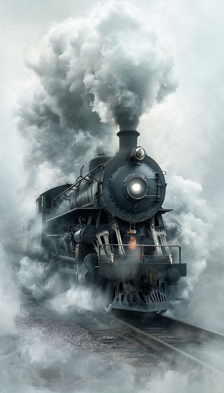 Ghostly Spectral Locomotive Emerging from Foggy Railway Scene Mobile Wallpaper