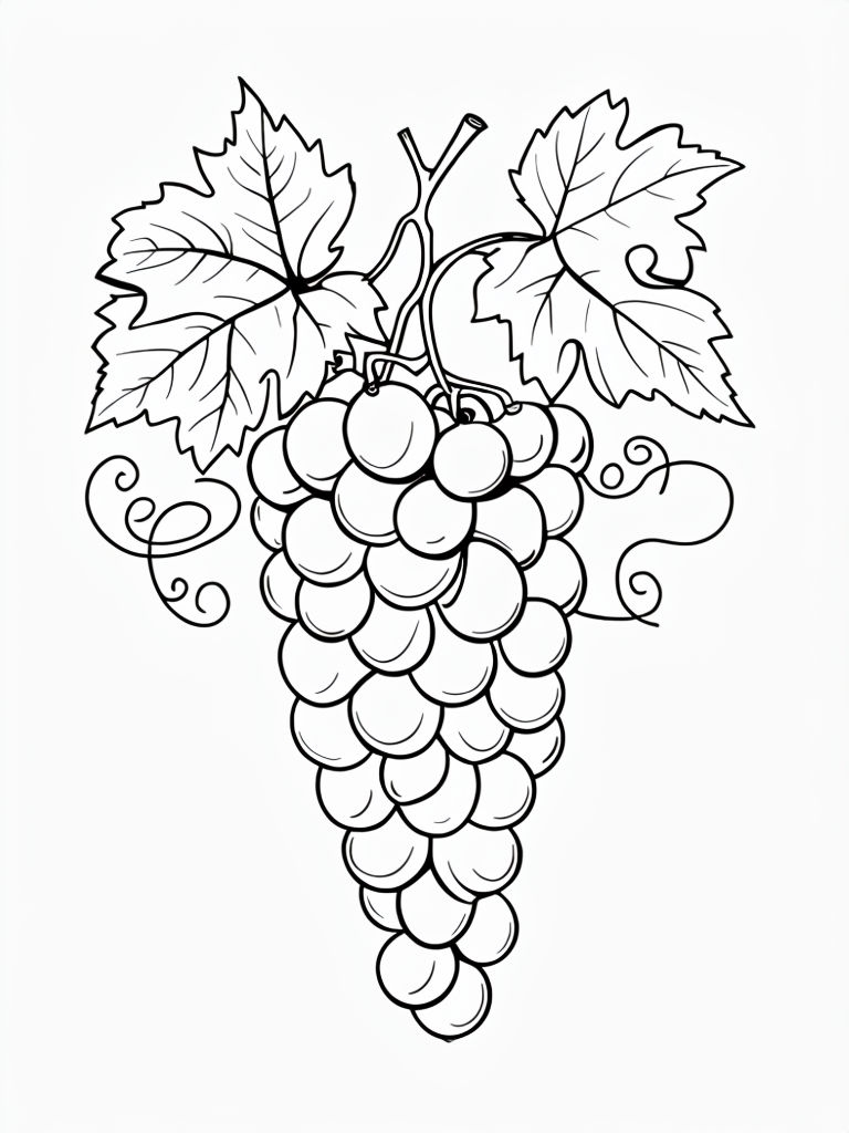 Intricate Black and White Grape Cluster Line Drawing Coloring Page