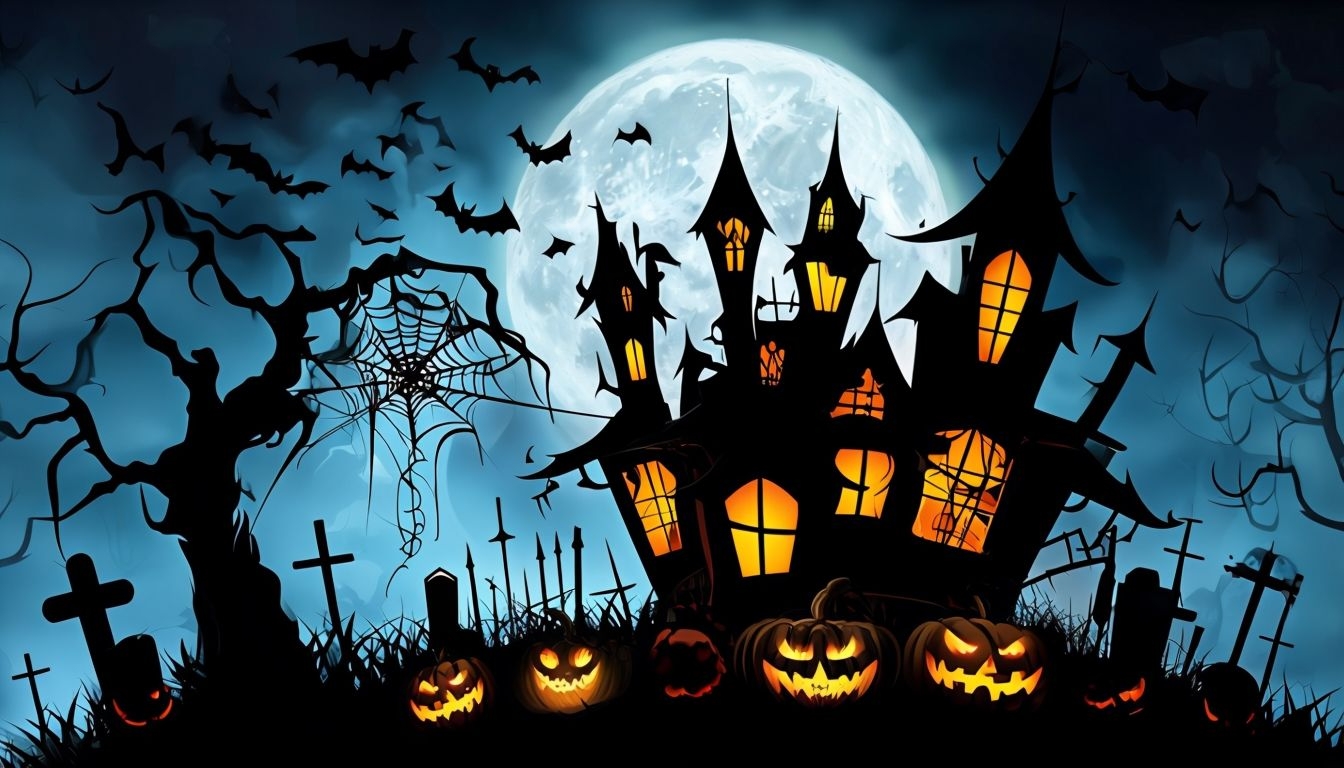 Haunting Halloween Scene with Ghostly House and Pumpkins Background