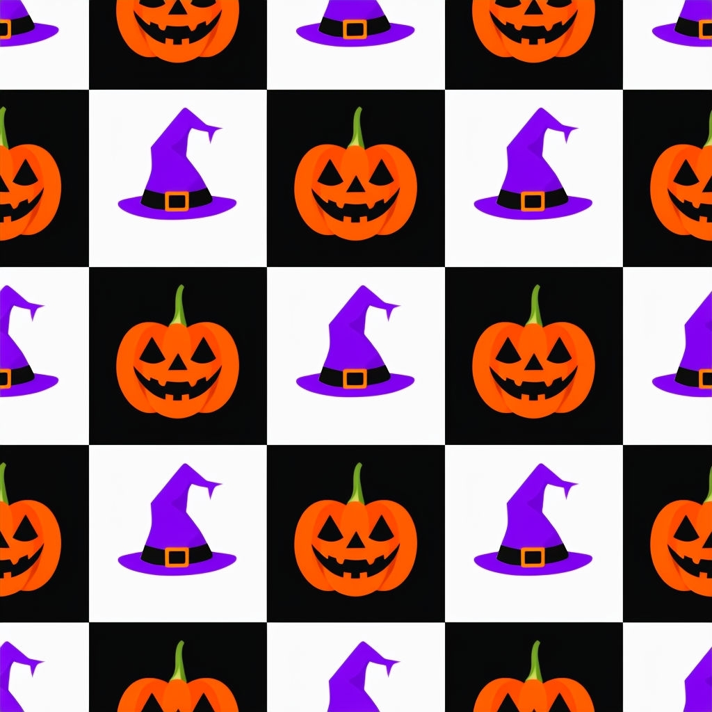 Vibrant Halloween Checkerboard Pattern with Pumpkins and Hats Seamless Pattern