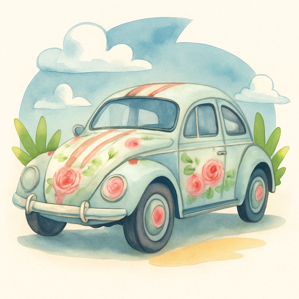 Pastel Blue Watercolor Volkswagen Beetle Floral Sticker