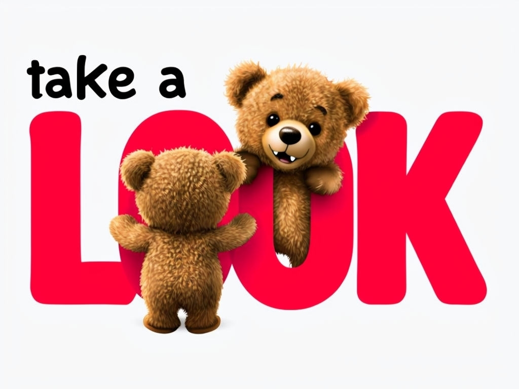 Cute Teddy Bears Playing with Look Text Illustration Poster