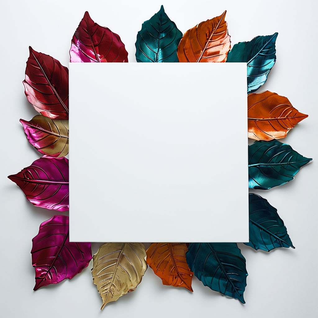 Vibrant Colorful Leaves Surrounding Minimalist White Canvas Social Media Post