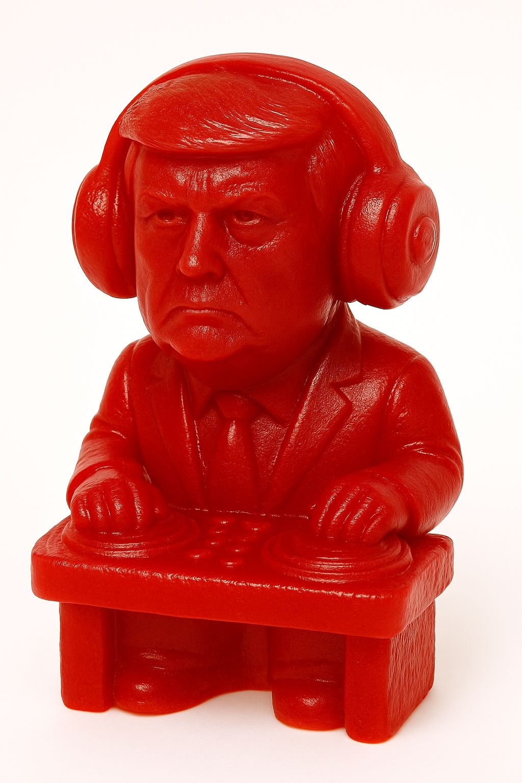 Stylized Red Male Figure Sculpture with Headphones Art
