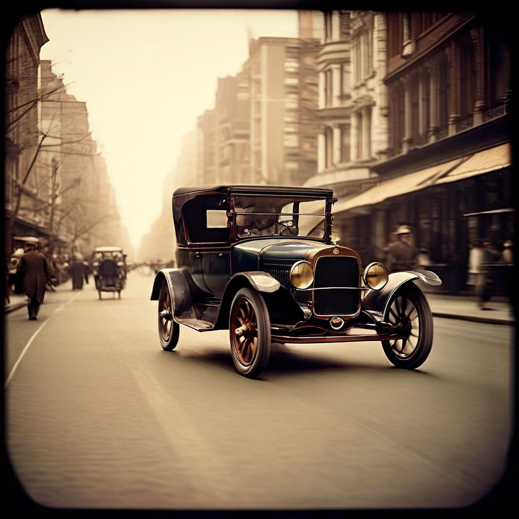 A 1908 Ford Model T speedily cruising through a bustling cit... by ...