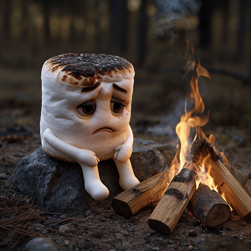 Whimsical Burnt Marshmallow Character by Campfire in Nature Art