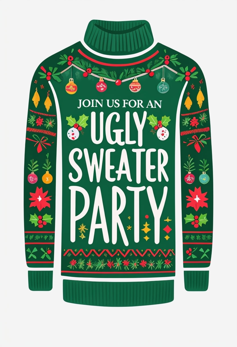 Cheerful Ugly Sweater Party Invitation Design for the Holidays Card