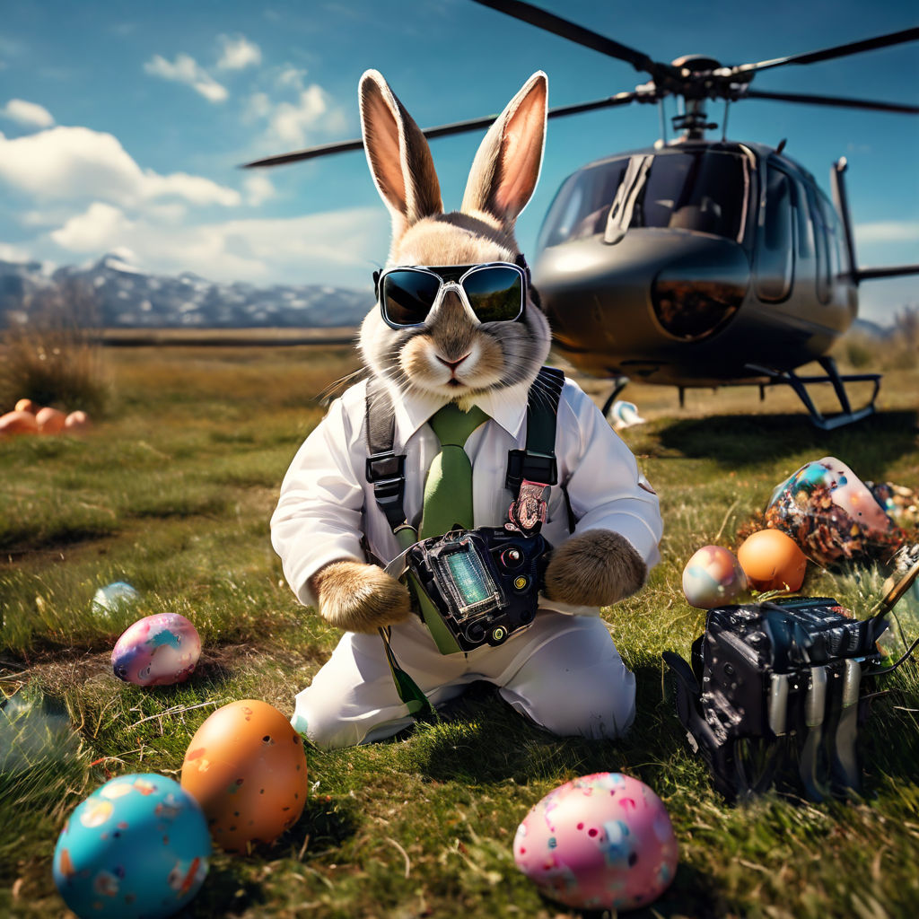 Easter bunny wearing pilot outfit fixing a helicopter easter... by ...