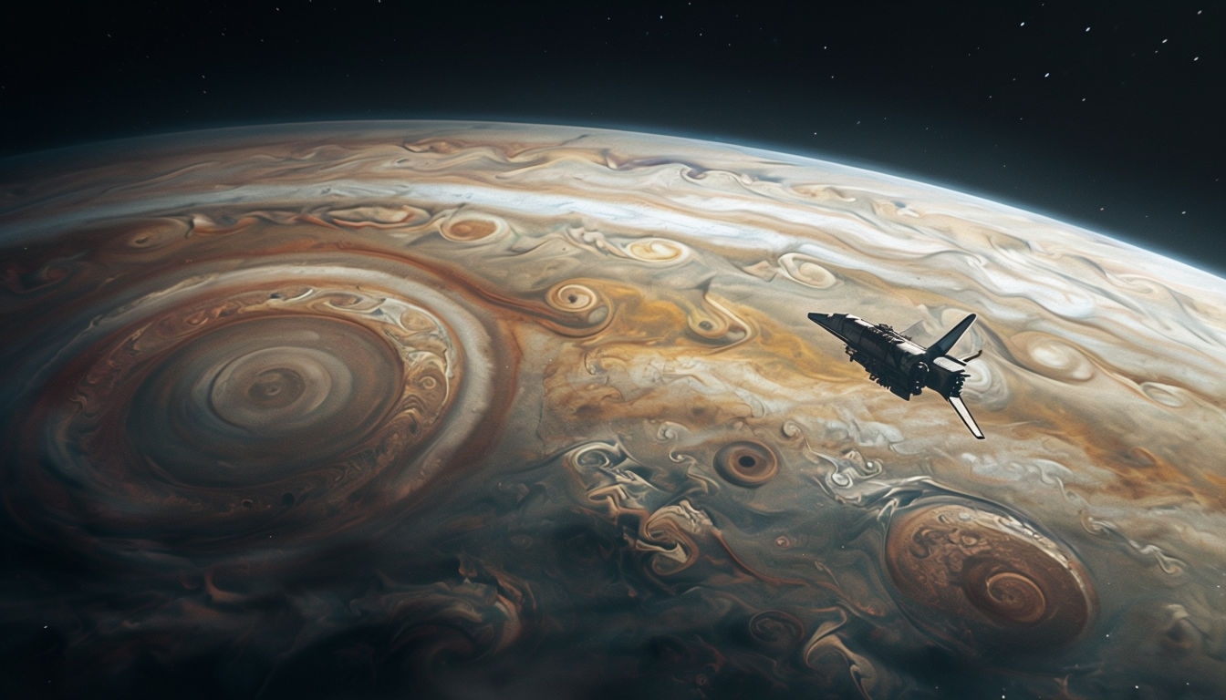 Cinematic Space Shuttle Journey Through Jupiter's Atmosphere Background