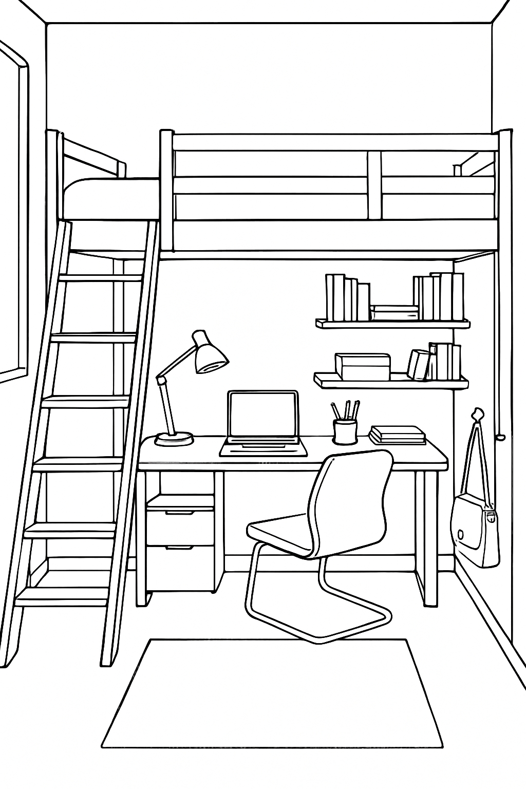 Minimalist Loft Bed Room Line Drawing for Coloring Book Pages